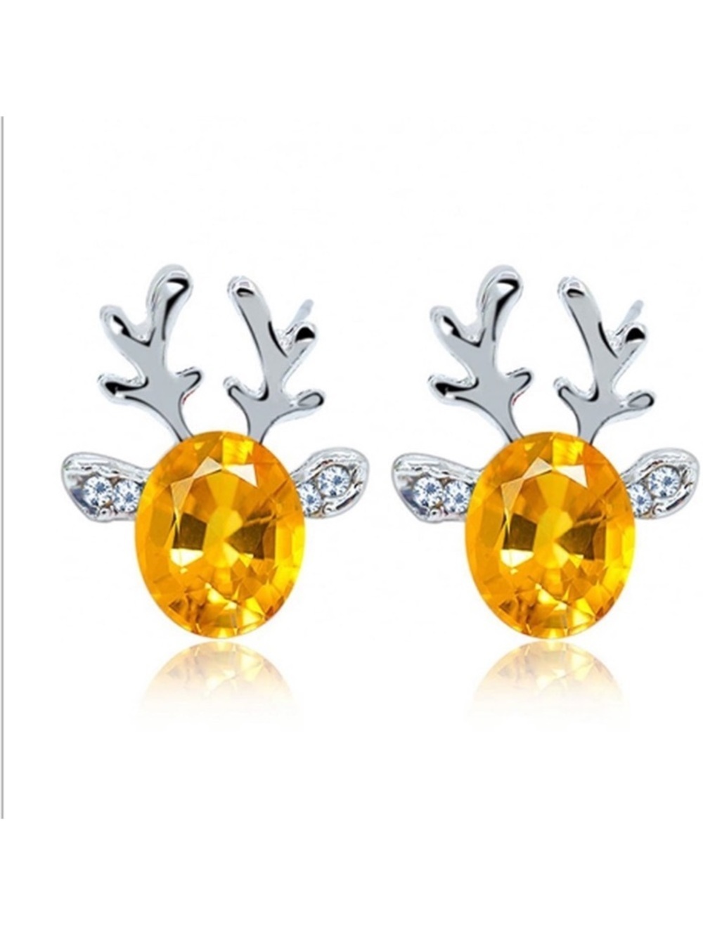 Silver Reindeer Yellow Crystal Stud Holiday Earrings New